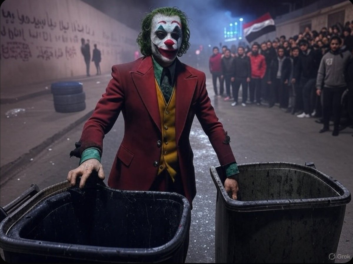 🤡 في هذه الصورة، الجوكر ليس مجرد شخصية خيالية، بل فكرة، رمز للتمرد ضد الظلم والفساد. يقف بثقة أمام حاويتين للنفايات، وكأنه على وشك إلقاء شيء ما بداخلهما، وربما من يستحقون ذلك هم الفاسدون الذين نهبوا الأوطان وسرقوا أحلام الشعوب. خلفه يقف الحشد، يراقب المشهد بصمت، وكأنهم ينتظرون