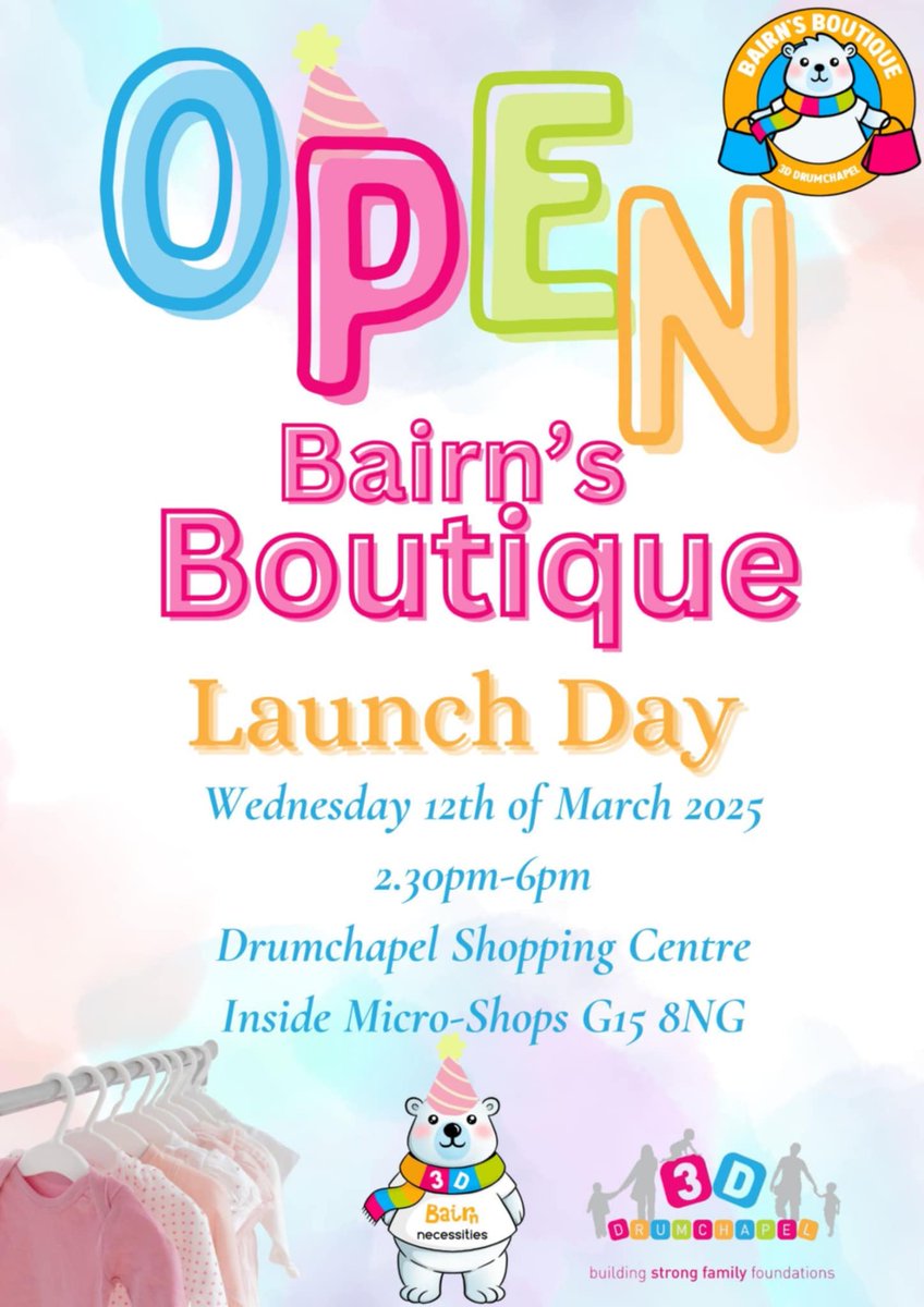 We are excited to announce that our very own Bairn Necessities 3D are opening up a brand new shop in Drumchapel Shopping Centre!

Opening on Wednesday 12th March 2.30pm - 6.00pm