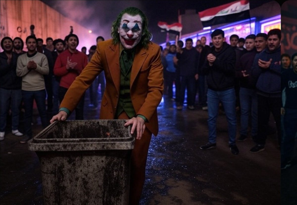 🤡 في هذه الصورة، الجوكر ليس مجرد شخصية خيالية، بل فكرة، رمز للتمرد ضد الظلم والفساد. يقف بثقة أمام حاويتين للنفايات، وكأنه على وشك إلقاء شيء ما بداخلهما، وربما من يستحقون ذلك هم الفاسدون الذين نهبوا الأوطان وسرقوا أحلام الشعوب. خلفه يقف الشباب الثائر، وكأنهم ينتظرون لحظة