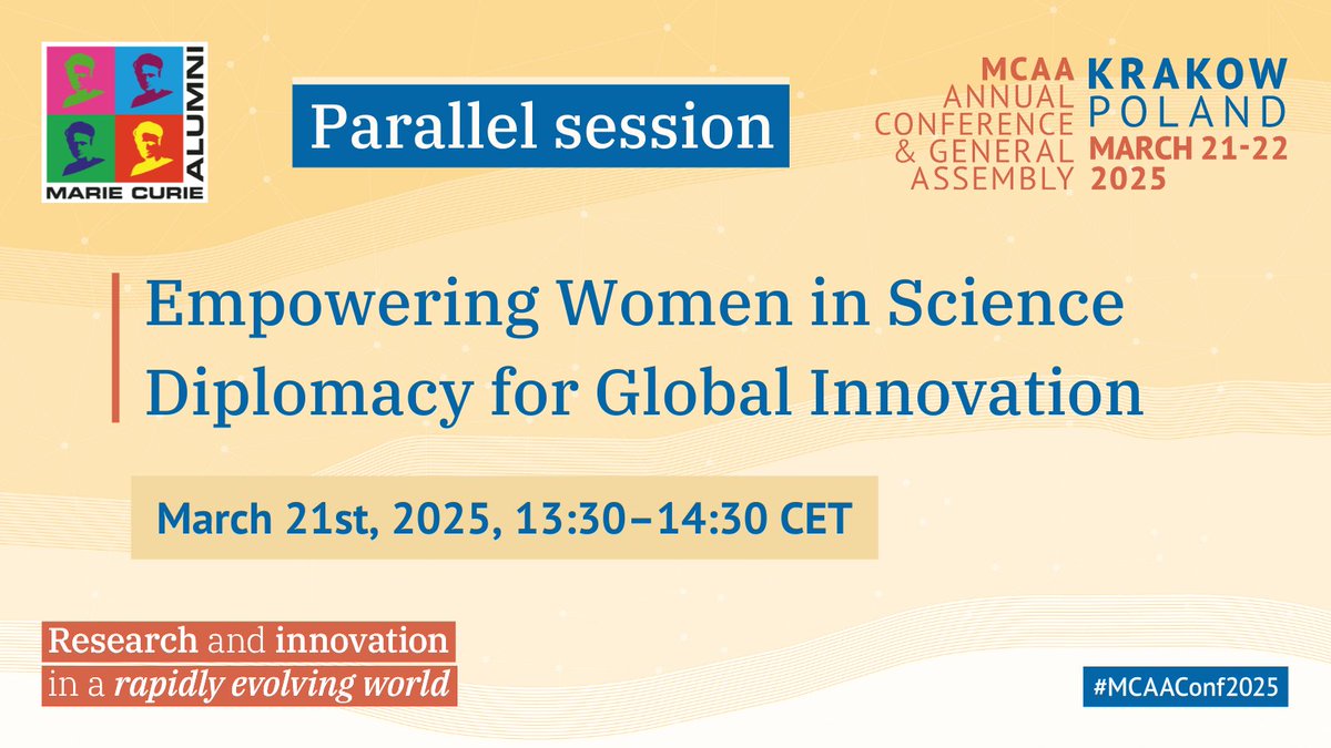 Marie Curie Alumni Association (MCAA) (@mariecurie_alum) on Twitter photo Women play a key role in #ScienceDiplomacy and innovation. But how can we further amplify their voices? 👩🔬
To find out, join a session at the #MCAAConf2025 moderated by the <a href="/mcaa_policy_wg/">MCAA Policy WG</a> Chair, <a href="/TheodotaLagouri/">Theodota Lagouri</a>, with speakers <a href="/_elke_d_/">Elke Dall</a> from <a href="/ZSInnovation/">ZSI</a>, Cristina Biino from Women play a key role in #ScienceDiplomacy and innovation. But how can we further amplify their voices? 👩🔬
To find out, join a session at the #MCAAConf2025 moderated by the <a href="/mcaa_policy_wg/">MCAA Policy WG</a> Chair, <a href="/TheodotaLagouri/">Theodota Lagouri</a>, with speakers <a href="/_elke_d_/">Elke Dall</a> from <a href="/ZSInnovation/">ZSI</a>, Cristina Biino from