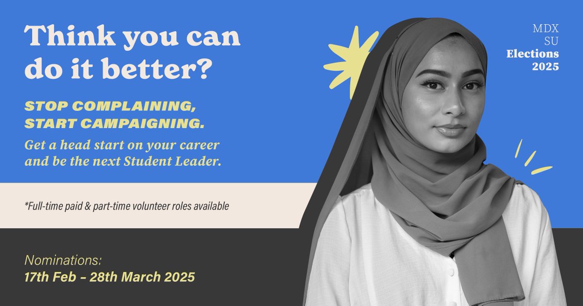 MDXSU (@middlesexsu) on Twitter photo Halfway through #StudentElections, and thereās still plenty of time to nominate yourself. If youāve ever wanted to make a real impact at Middlesex, this is your chance.
Nominations close on the 28th of March. If you have any questions, email elections@mdx.ac.uk #StudentOfficers Halfway through #StudentElections, and thereās still plenty of time to nominate yourself. If youāve ever wanted to make a real impact at Middlesex, this is your chance.
Nominations close on the 28th of March. If you have any questions, email elections@mdx.ac.uk #StudentOfficers