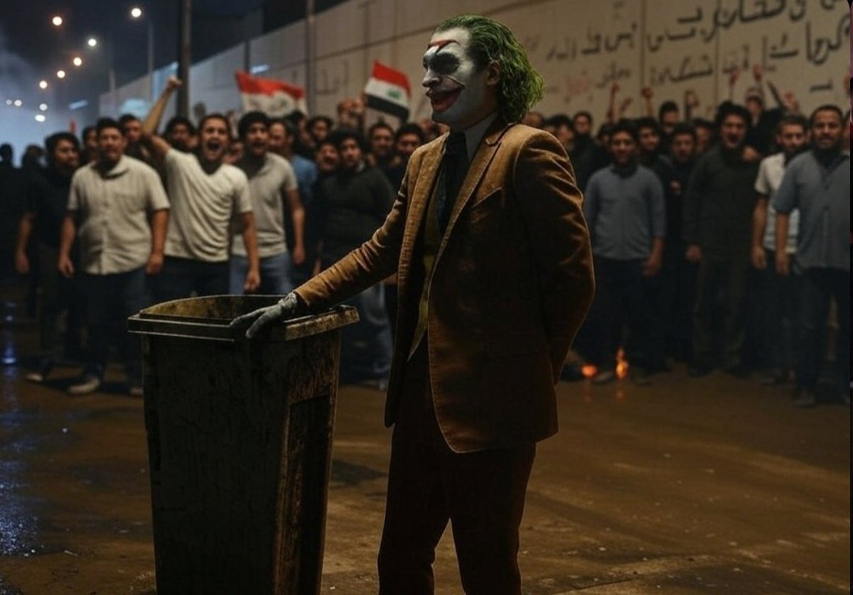 🤡 في هذه الصورة، الجوكر ليس مجرد شخصية خيالية، بل فكرة، رمز للتمرد ضد الظلم والفساد. يقف بثقة أمام حاويتين للنفايات، وكأنه على وشك إلقاء شيء ما بداخلهما، وربما من يستحقون ذلك هم الفاسدون الذين نهبوا الأوطان وسرقوا أحلام الشعوب. خلفه يقف الشباب الثائر، وكأنهم ينتظرون لحظة