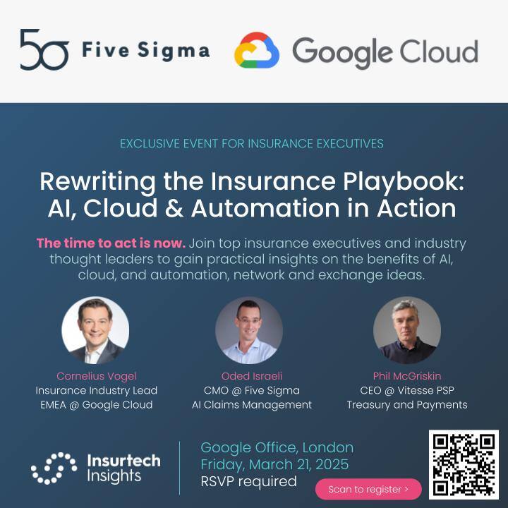 FiveSigmaClaims's tweet image. Join our Executive Meetup at Google London during #InsurtechWeek for real AI, cloud &amp;amp; automation case studies. Hear industry insights from @GoogleCloud, Five Sigma and Vitesse on cutting costs &amp;amp; boosting claims efficiency with AI. 
Limited seats—register now! ⏳ Link in comments.