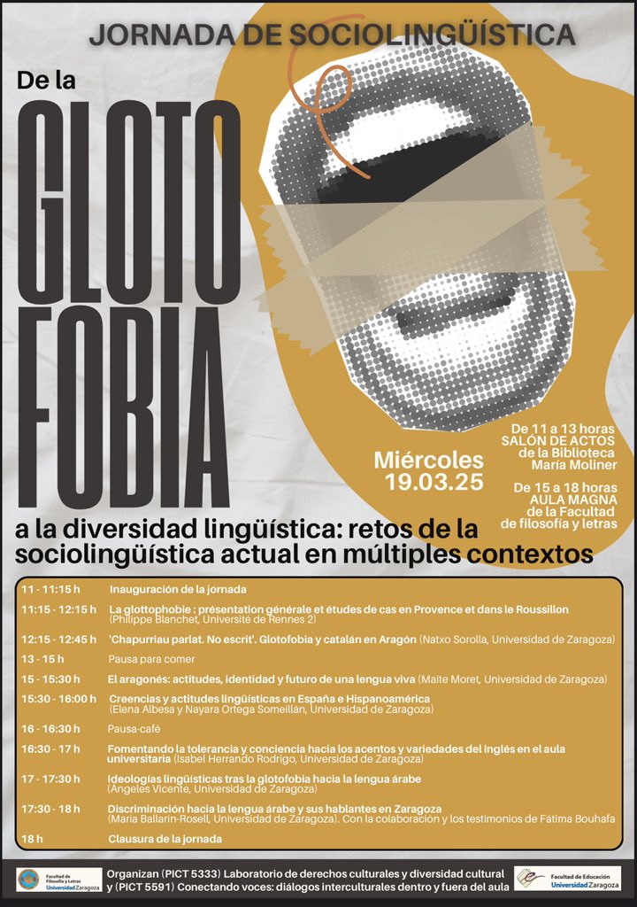 Isabel Herrando Rodrigo (@herrandorodrigo) on Twitter photo 📆19.3.25 "De la GLOTOFOBIA a la diversidad lingüística: retos de la sociolingüística actual en múltiples contextos".
Organiza “Laboratorio de derechos culturales y diversidad cultural"
y "Conectando voces: diálogos interculturales dentro y fuera del aula" de <a href="/unizar/">Universidad Zaragoza</a> 📆19.3.25 "De la GLOTOFOBIA a la diversidad lingüística: retos de la sociolingüística actual en múltiples contextos".
Organiza “Laboratorio de derechos culturales y diversidad cultural"
y "Conectando voces: diálogos interculturales dentro y fuera del aula" de <a href="/unizar/">Universidad Zaragoza</a>
