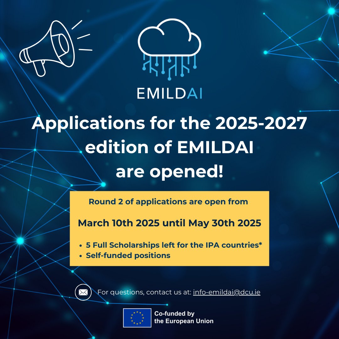 📅 Round 2 is open from March 10th 2025 until May 30th 2025.

🎓 Opportunities available: 
✅ 5 Full Scholarships remaining for applicants from IPA countries (Albania, Bosnia and Herzegovina, Kosovo, and Montenegro)
✅ Self-funded positions also available

#EMILDAI #Scholarships
