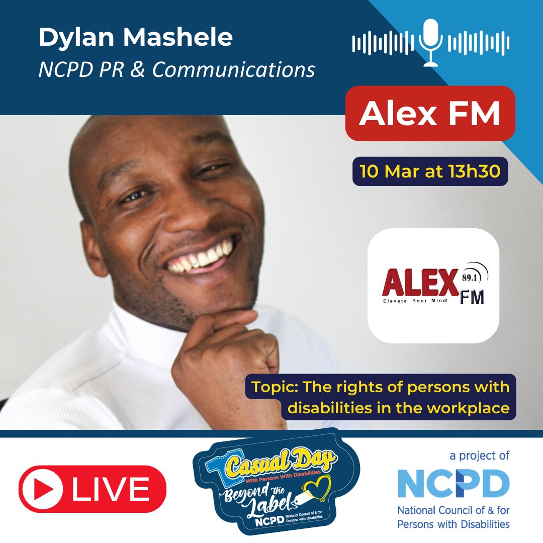 📻 Tune in to ALEX FM 89.1 
🕜 Time: 13:30
🎙 Topic: The Rights of Persons with Disabilities in the Workplace
Listen live: radio-south-africa.co.za/alex-fm

Join the conversation as Dylan Mashele discusses workplace inclusion.

#AlexFM #DisabilityRights #WorkplaceInclusion