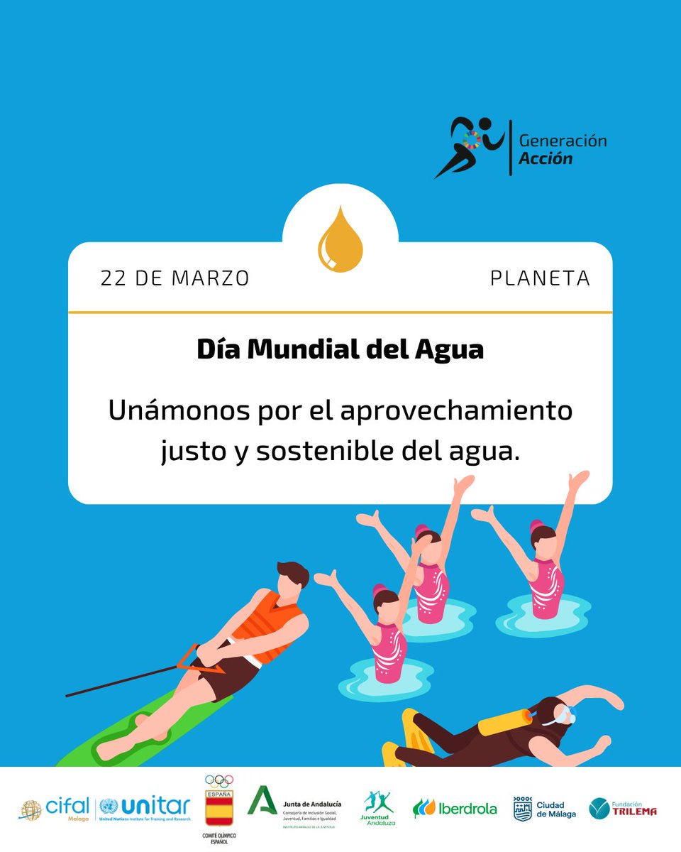 Generación Acción (@generaccionods) on Twitter photo 💧22M-DÍA MUNDIAL DEL AGUA. Unámonos en torno al aprovechamiento justo y sostenible del agua. En este día podemos trabajar los ODS 6 y 14, relacionados con el agua ¡Únete al cambio ya! 📲 Generacionaccion.com
🤝 <a href="/CifalMalaga/">CIFALMalaga</a> <a href="/COE_es/">Comité Olímpico Español</a> <a href="/iberdrola/">Iberdrola</a> <a href="/IAJuventud/">Instituto Andaluz de la Juventud</a> <a href="/malaga/">Ciudad de Málaga</a> <a href="/trilemaedu/">Fundación Trilema</a> 💧22M-DÍA MUNDIAL DEL AGUA. Unámonos en torno al aprovechamiento justo y sostenible del agua. En este día podemos trabajar los ODS 6 y 14, relacionados con el agua ¡Únete al cambio ya! 📲 Generacionaccion.com
🤝 <a href="/CifalMalaga/">CIFALMalaga</a> <a href="/COE_es/">Comité Olímpico Español</a> <a href="/iberdrola/">Iberdrola</a> <a href="/IAJuventud/">Instituto Andaluz de la Juventud</a> <a href="/malaga/">Ciudad de Málaga</a> <a href="/trilemaedu/">Fundación Trilema</a>