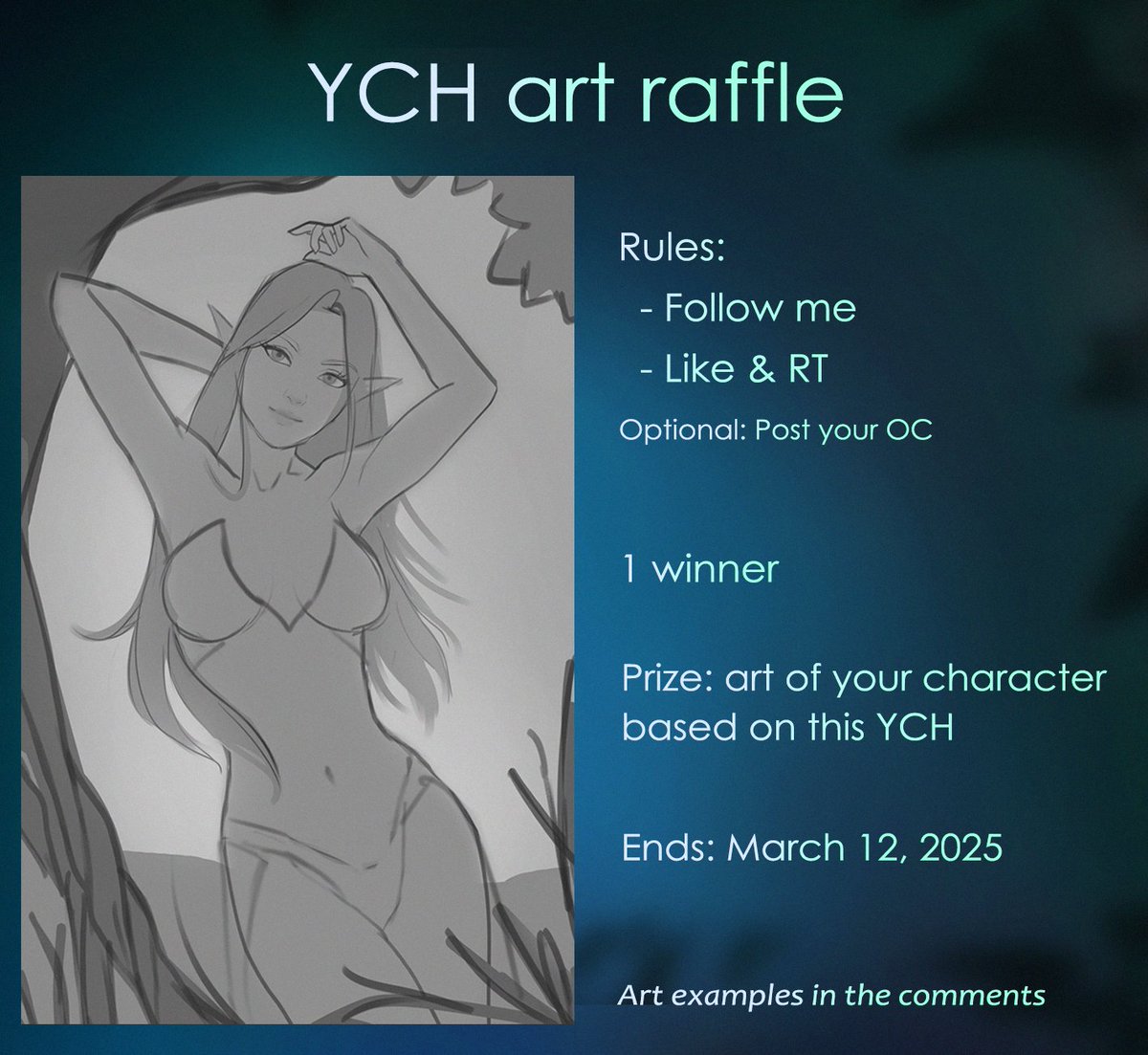 48-hour YCH art raffle

Rules:
- Follow me
- Like &amp; RT 
Optional: Post your OC

Prize: art of your character based on this YCH

Ends: March 12, 2025
#artraffle #YCH