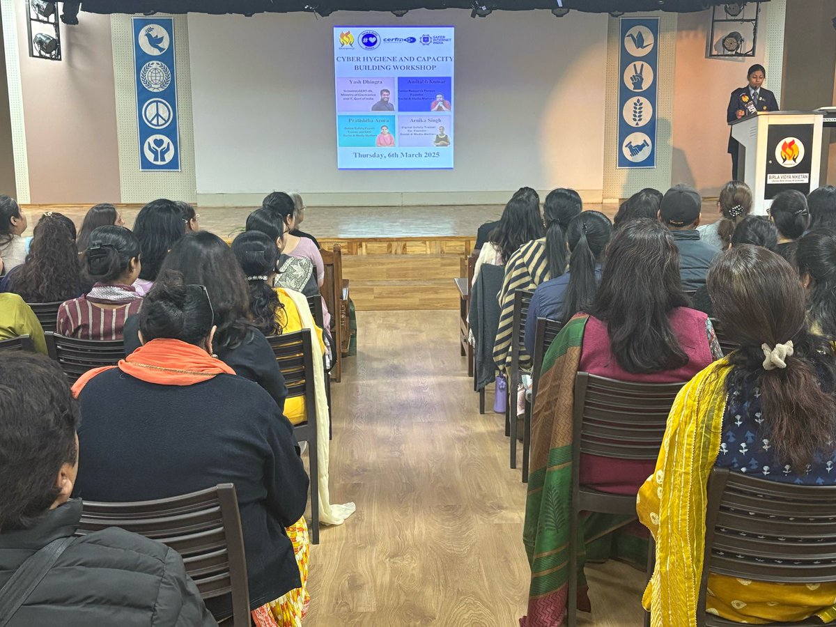 Safer Internet India &amp; <a href="/IndianCERT/">CERT-In</a> trained 100+ teachers &amp; parents at Birla Vidya Niketan, Delhi on cybersecurity &amp; online safety. Grateful to Mr. Yash Dhingra, Scientist D, CERT-In, for his keynote on responsible digital practices.

Big thanks to <a href="/SociallyBlog/">SociallyBlog</a> &amp; our trainers!