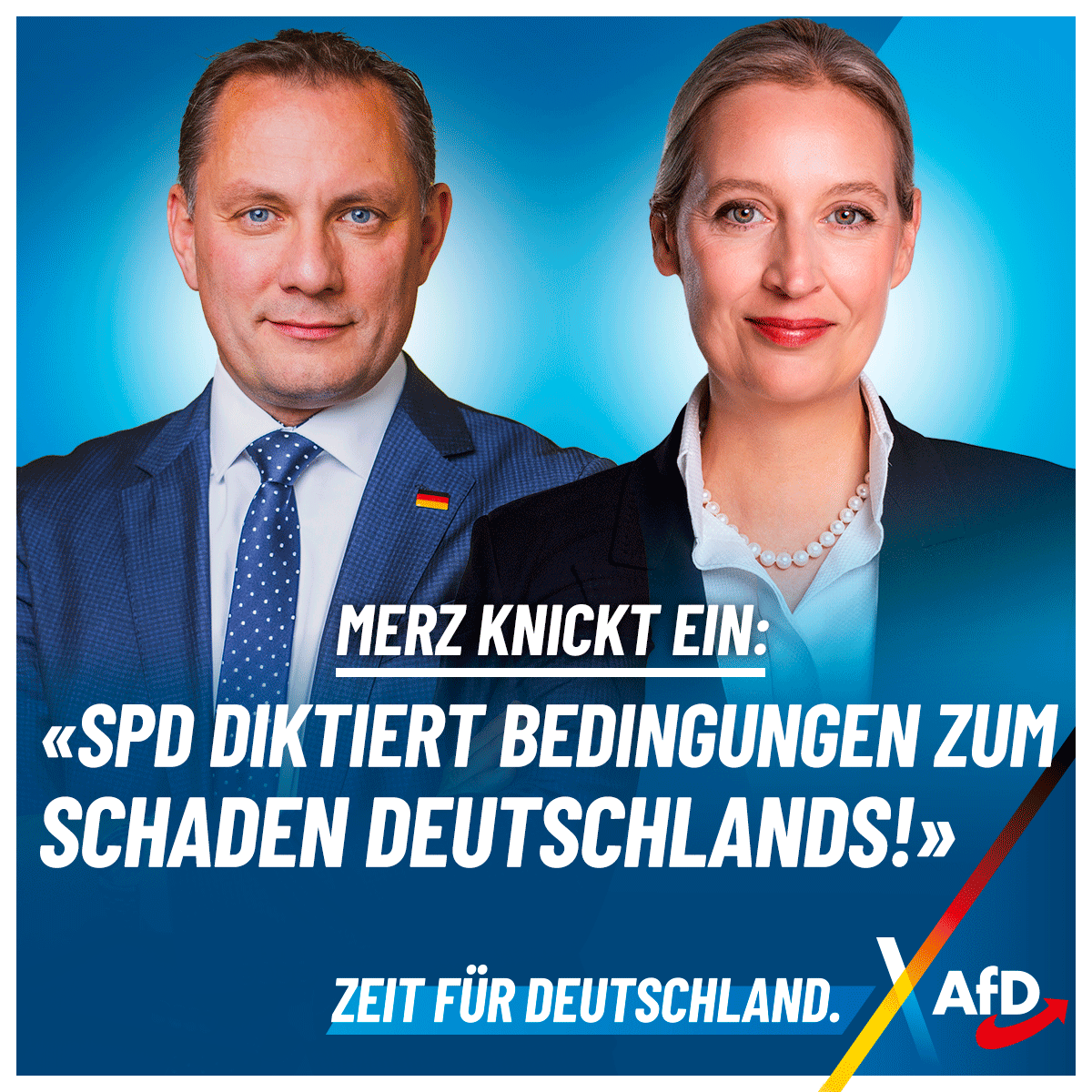 +++ Die Ergebnisse der Sondierungsgespräche zwischen Union und SPD sind ein Schlag ins Gesicht bürgerlicher Wähler. +++

Die Bundessprecher der AfD, Alice Weidel und Tino Chrupalla, stellen klar: „Dieses Sondierungspapier ist eine Einigung zum Schaden Deutschlands, die für die