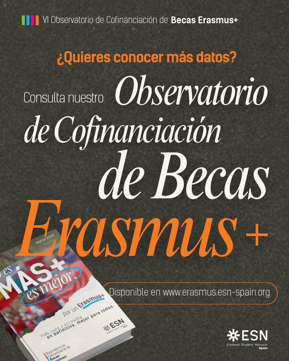 Erasmus Student Network España 🇪🇸 (@esnspain) on Twitter photo 📢 ¡Ya está publicado!
Os presentamos el VI Observatorio de Cofinanciación de Becas #erasmus
Desde <a href="/ESNSpain/">Erasmus Student Network España 🇪🇸</a> seguiremos trabajando por un programa más accesible, justo y democrático. Que sea una cuestión de oportunidades y no de privilegios.
👉 erasmus.esn-spain.org 📢 ¡Ya está publicado!
Os presentamos el VI Observatorio de Cofinanciación de Becas #erasmus
Desde <a href="/ESNSpain/">Erasmus Student Network España 🇪🇸</a> seguiremos trabajando por un programa más accesible, justo y democrático. Que sea una cuestión de oportunidades y no de privilegios.
👉 erasmus.esn-spain.org