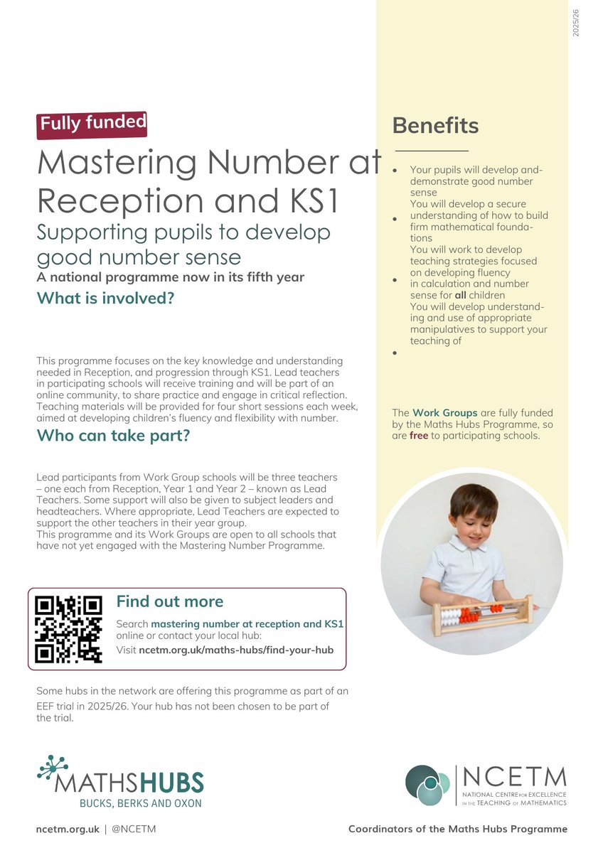 ✨EXCITING NEWS ✨Applications are now open for Mastering Number at Reception + KS1. Are you passionate about building strong mathematical foundations for young learners? Join us in 2025-2026! Apply today: bbomathshub.org.uk/project/master… <a href="/NCETM/">NCETM</a>