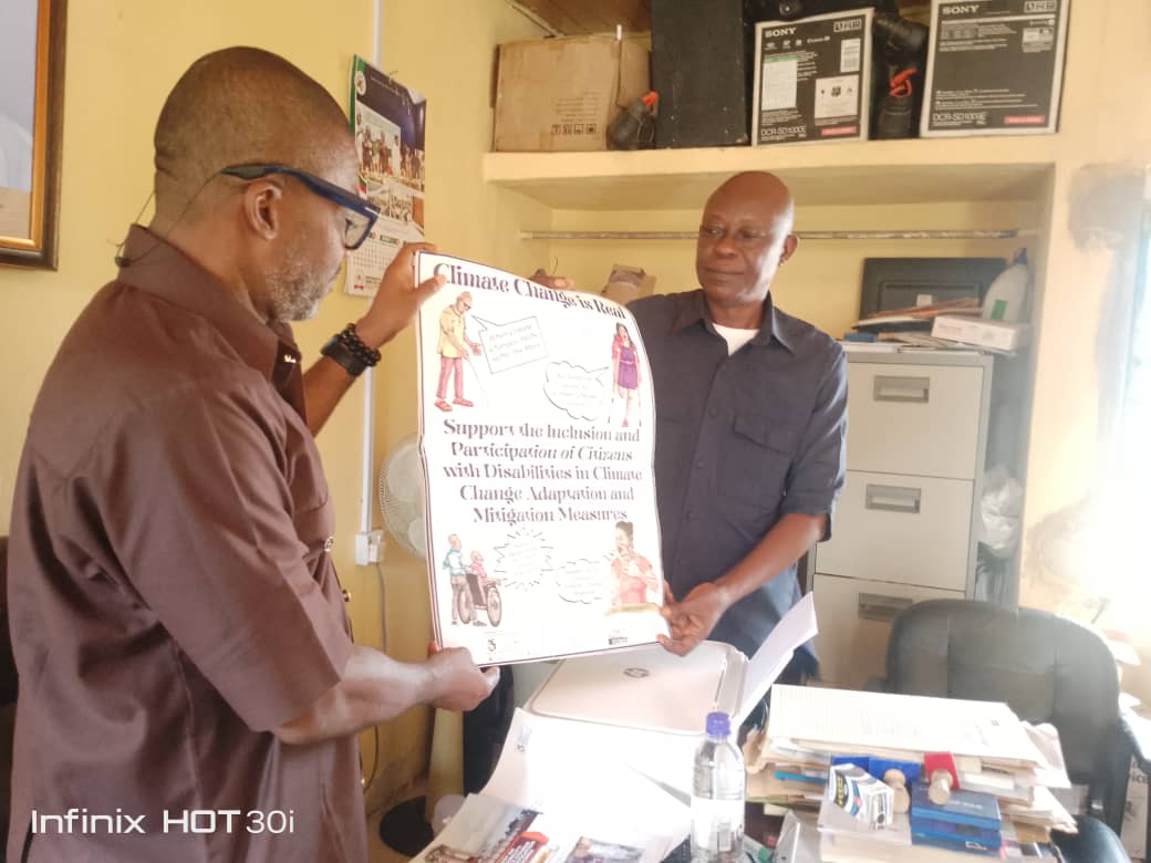 CCDNigeria's tweet photo. On Wednesday, March 5, 2025, CCD team paid advocacy visit to the National Emergency Management Agency (NEMA) South East Region with the goal of promoting disability-inclusive climate-triggered disaster response strategies. Opening the visit, Mr. Godwin Unumeri, CCD's Acting Director, presented findings from CCD's baseline study, emphasizing the urgent need for inclusive disaster management strategies. He highlighted key challenges faced by Persons with Disabilities (PWDs), including increased vulnerability, inadequate policies, and limited awareness.

In addressing these challenges, the team proposed a partnership with NEMA to promote inclusive climate change adaptation strategies. They also advocated for training programmes for PWDs on climate change mitigation, as it relates to climate-triggered disasters, sensitization of NEMA staff on disability-targeted disaster response services, and budgetary allocations for disability-inclusive disaster response efforts. Other points included deliberate inclusion of PWDs in disaster response efforts, add PWDs to their communication platforms for real-time disaster information and early warnings, and the use of sign language interpreters in public institutions.

Mr. Igwe Nnamdi, the Head of Operations acknowledged the importance of educating communities, especially PWDs in the rural communities, and committed to supporting inclusivity efforts. He encouraged CCD to maintain communication with NEMA for continued progress.

Closing the visit, Mrs. Florence Austin appreciated NEMA for the visit and stressed the need for the establishment of a disability desk at NEMA to provide specialized services for PWDs. She also emphasized the importance of strengthening the partnership between NEMA and CCD to enhance inclusive disaster response strategies.

Supported by Disability Rights Fund

#disability 
#PWDs
#climatechange
#ClimateAction
#disaster

@nemanigeria  @NCCCNigeria @InclusiveNews1 @BONewsService @qualitative_the
