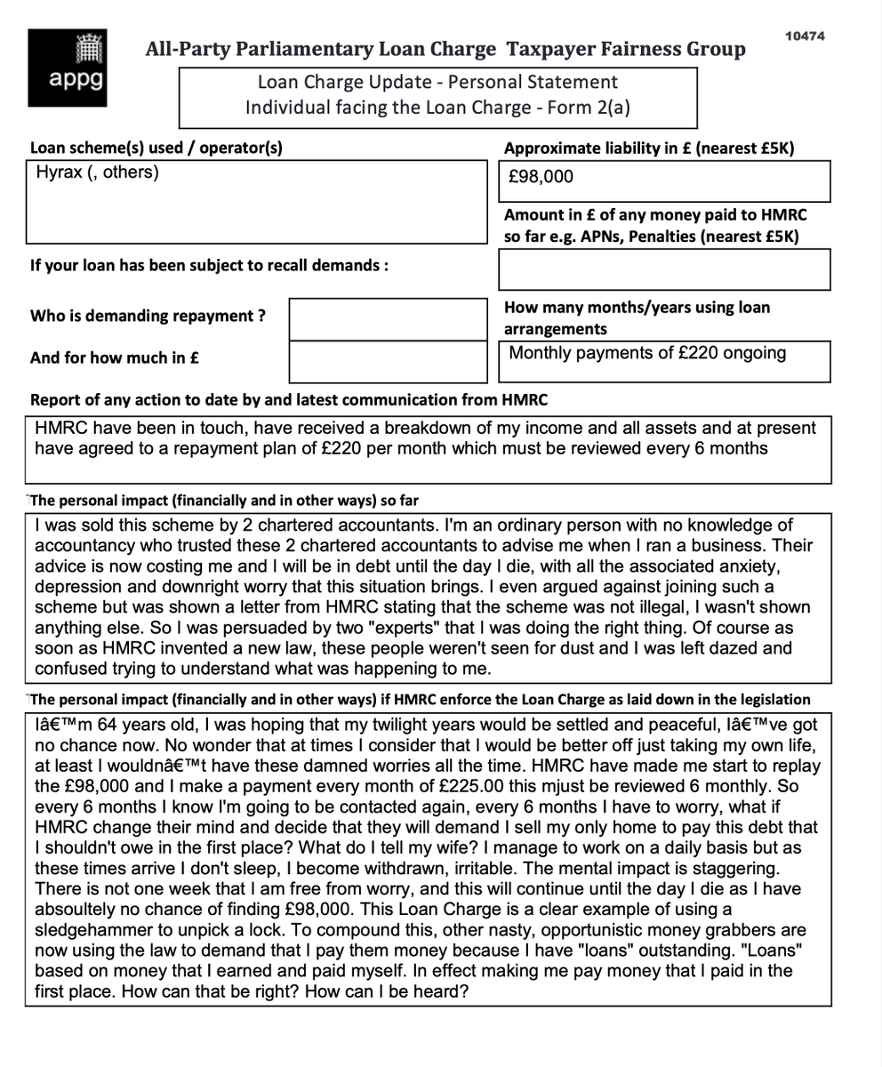 I was shown a letter from HMRC stating that the scheme was legal...So I was persuaded by two "experts" that I was doing the right thing. Of course as soon as HMRC invented a new law, these people weren't seen for dust 

<a href="/LCAG_2019/">Loan Charge Action Group [LCAG]</a> 
<a href="/loanchargeAPPG/">Loan Charge & Taxpayer Fairness APPG</a> 
#LoanChargeScandal