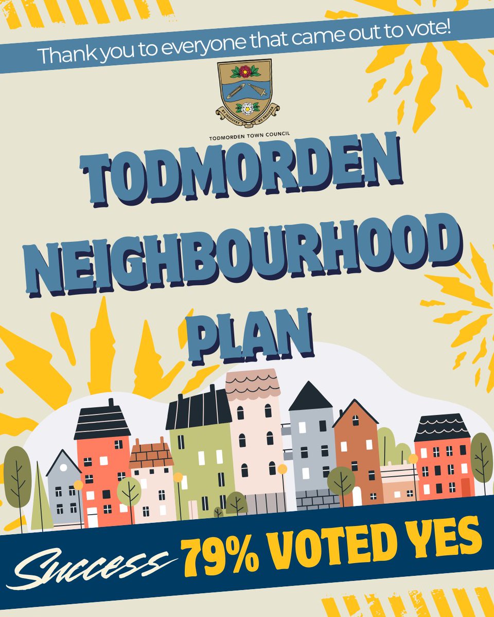 We are delighted to announce that the Todmorden Neighbourhood Plan succeeded at referendum with 79% voting 'yes'!

<a href="/Calderdale/">Calderdale Council</a> will now use the Todmorden Neighbourhood Plan to make planning decisions that better suit Todmorden!

Thank you to everyone that voted!