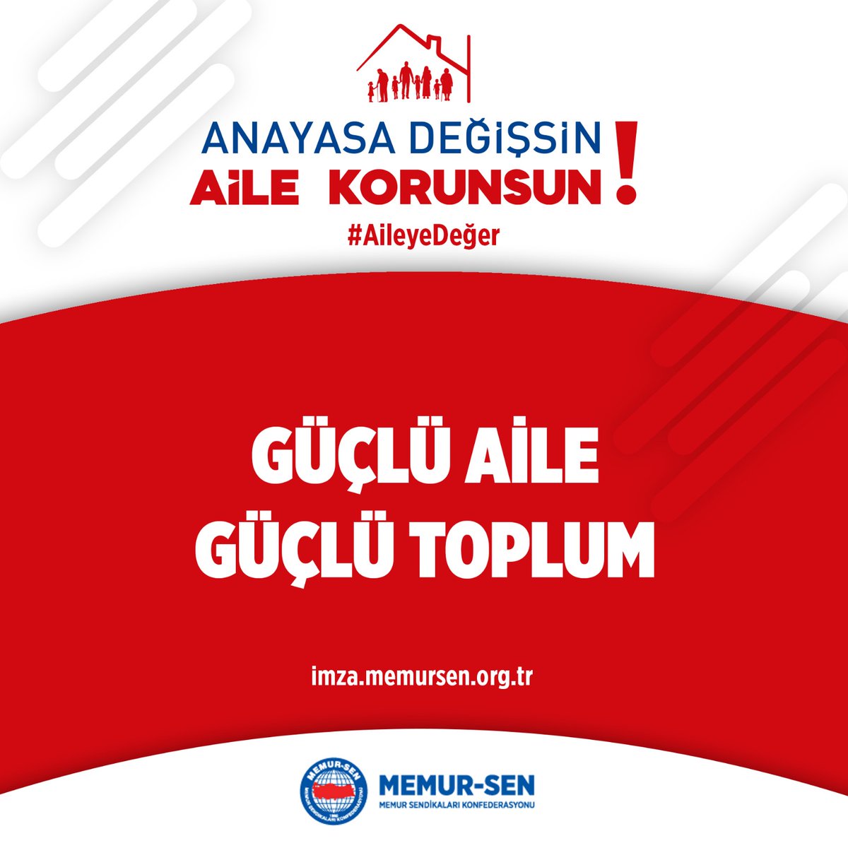Güçlü aile, güçlü toplum demektir.
Ailenin korunması için hep birlikte harekete geçiyoruz.
Anayasa değişsin, aile korunsun.
#AileyeDeğer
Kampanyaya destek olmak için: imza.memursen.org.tr