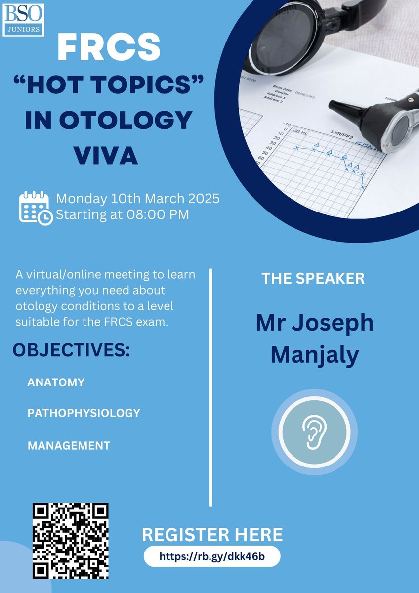 BSO Juniors (@bsojuniors) on Twitter photo 👂 Join us today 10th March 2025, 20:00-21:00 for BSOJ’s virtual FRCS Otology Viva!
📚 Dive into Anatomy, Pathophysiology, and Management of otology conditions with Mr. Joseph Manjaly <a href="/earsurgeonjoe/">Dr Joseph Manjaly</a>
Register now:
rb.gy/dkk46b 👂 Join us today 10th March 2025, 20:00-21:00 for BSOJ’s virtual FRCS Otology Viva!
📚 Dive into Anatomy, Pathophysiology, and Management of otology conditions with Mr. Joseph Manjaly <a href="/earsurgeonjoe/">Dr Joseph Manjaly</a>
Register now:
rb.gy/dkk46b