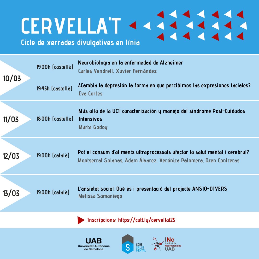 Sauralab (@sauralab) on Twitter photo Participamos en Cervella´t #SemanaDelCerebro #BrainAwarenessWeek con la charla divulgativa ¨Aclarando la enfermedad de #Alzheimer ¨ de los investigadores <a href="/sauralab/">Sauralab</a> <a href="/CVendrell11/">Carlos Vendrell</a> <a href="/xaviferol/">Xavi Fernandez </a>
Organizada por <a href="/INC_UAB/">Institut de Neurociències UAB</a> <a href="/CORESalutMental/">CORE Salut Mental UAB</a> <a href="/UABBarcelona/">Universitat Autònoma de Barcelona</a> Participamos en Cervella´t #SemanaDelCerebro #BrainAwarenessWeek con la charla divulgativa ¨Aclarando la enfermedad de #Alzheimer ¨ de los investigadores <a href="/sauralab/">Sauralab</a> <a href="/CVendrell11/">Carlos Vendrell</a> <a href="/xaviferol/">Xavi Fernandez </a>
Organizada por <a href="/INC_UAB/">Institut de Neurociències UAB</a> <a href="/CORESalutMental/">CORE Salut Mental UAB</a> <a href="/UABBarcelona/">Universitat Autònoma de Barcelona</a>