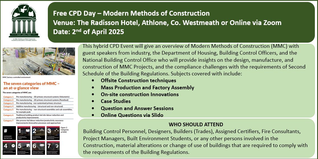 NBCOIreland's tweet image. @NBCOIreland @CCMALocalGov @LGMAIreland @DeptHousingIRL
#BUILDINGCONTROL #MMC
In-Person Tickets: eventbrite.ie/e/nbco-cpd-mod…
On Line Tickets: eventbrite.ie/e/nbco-cpd-mod…
