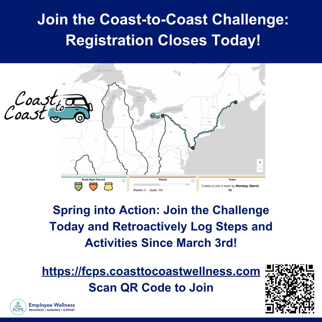 FCPS Employee Wellness (@fcpswellness) on Twitter photo March 10
The Coast-to-Coast Wellness Challenge
Registration Closes Today!
Join: fcps.coasttocoastwellness.com
Retroactively log steps and approved activities since March 3.
<a href="/FCPSWellness/">FCPS Employee Wellness</a> March 10
The Coast-to-Coast Wellness Challenge
Registration Closes Today!
Join: fcps.coasttocoastwellness.com
Retroactively log steps and approved activities since March 3.
<a href="/FCPSWellness/">FCPS Employee Wellness</a>