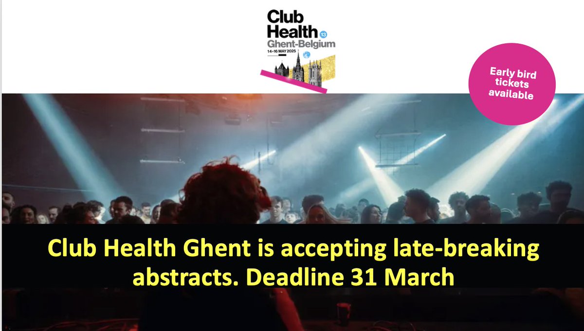 Club Health Ghent 2025 (@clubhconference) on Twitter photo Club Health Ghent is accepting late-breaking abstracts for new research, policy initiatives or practical experience to make nightlife safer. theclubhealthconference.com/abstract
<a href="/ZaraQuigg/">Zara Quigg</a> <a href="/Sarahcmorton/">Sarah Morton</a> <a href="/markabellis/">Mark Bellis</a> <a href="/FMeasham/">Fiona Measham</a> <a href="/irefrea/">IREFREA Portugal</a> <a href="/IrefreaEs/">IREFREA EspaƱa</a> <a href="/EUDrugsAgency/">European Union Drugs Agency (EUDA)</a> <a href="/evhearne1980/">Ev Hearne</a> <a href="/AndrewMBennett1/">Andrew M Bennett</a> Club Health Ghent is accepting late-breaking abstracts for new research, policy initiatives or practical experience to make nightlife safer. theclubhealthconference.com/abstract
<a href="/ZaraQuigg/">Zara Quigg</a> <a href="/Sarahcmorton/">Sarah Morton</a> <a href="/markabellis/">Mark Bellis</a> <a href="/FMeasham/">Fiona Measham</a> <a href="/irefrea/">IREFREA Portugal</a> <a href="/IrefreaEs/">IREFREA EspaƱa</a> <a href="/EUDrugsAgency/">European Union Drugs Agency (EUDA)</a> <a href="/evhearne1980/">Ev Hearne</a> <a href="/AndrewMBennett1/">Andrew M Bennett</a>