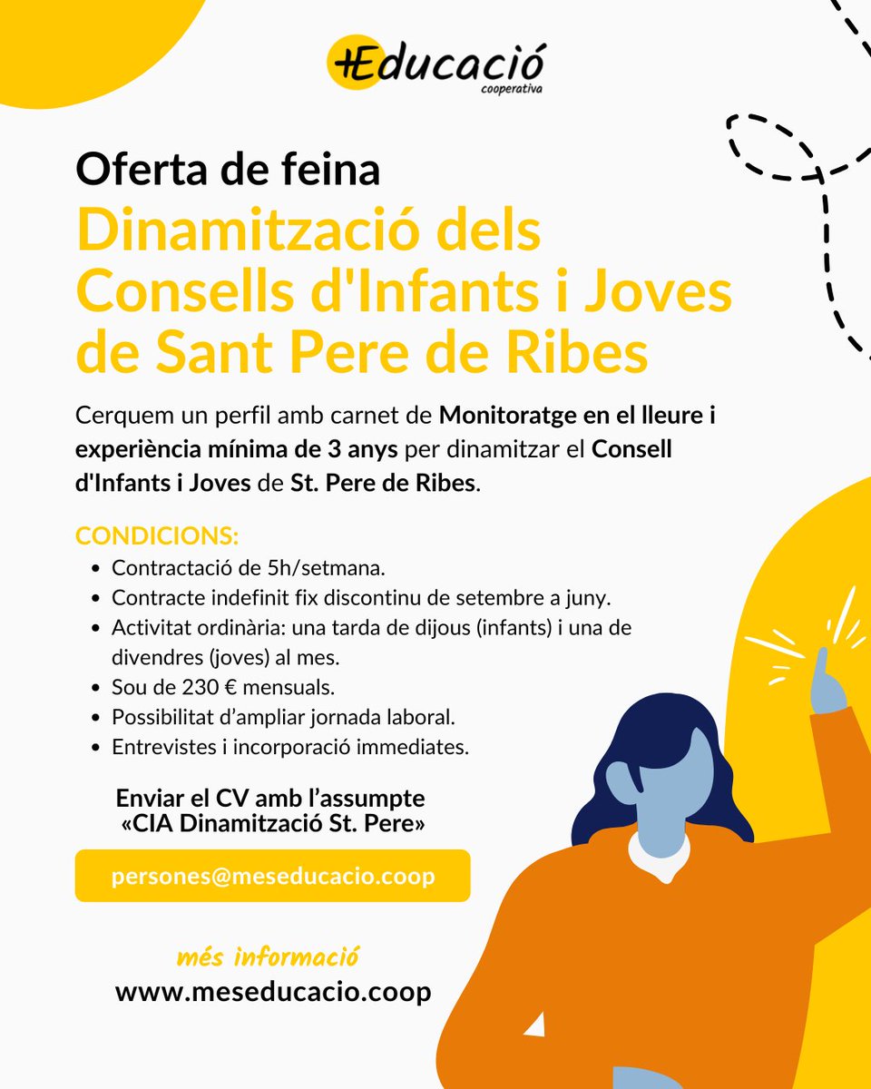 +Educació Cooperativa (@meseducoop) on Twitter photo #OfertaFeina 🗣️ Busquem una persona per dinamitzar el Consell d'Infants i Joves de <a href="/santperederibes/">Sant Pere de Ribes</a> !
🔸Amb carnet de Monitoratge en el #lleure 🔸Experiència mín. 3 anys
🔸5 h/setmana
🔸Sou: 230€ mensuals
🔸Incorporació immediata
➡️Més informació: bit.ly/3Fii5Xq #OfertaFeina 🗣️ Busquem una persona per dinamitzar el Consell d'Infants i Joves de <a href="/santperederibes/">Sant Pere de Ribes</a> !
🔸Amb carnet de Monitoratge en el #lleure 🔸Experiència mín. 3 anys
🔸5 h/setmana
🔸Sou: 230€ mensuals
🔸Incorporació immediata
➡️Més informació: bit.ly/3Fii5Xq