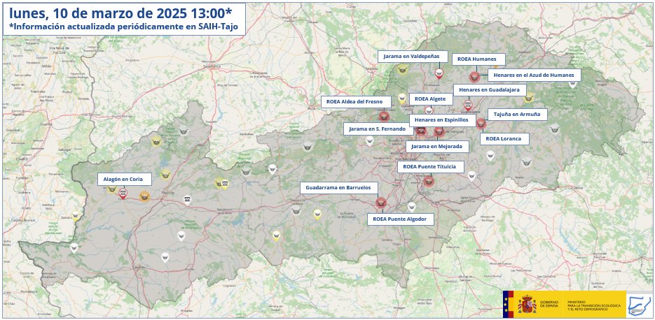 🚨15 estaciones de aforo de la CHTajo superan el umbral de aviso rojo en estos momentos.  

➡️Sigue la información hidrológica actualizada sobre los aforos de la cuenca en la web SAIH-Tajo saihtajo.chtajo.es Atención avisos y recomendaciones de protección civil y #AEMET