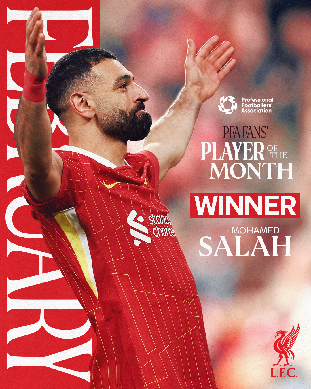 Graphic celebrating Salah winning the PFA Fans' Player of the Month award for February.