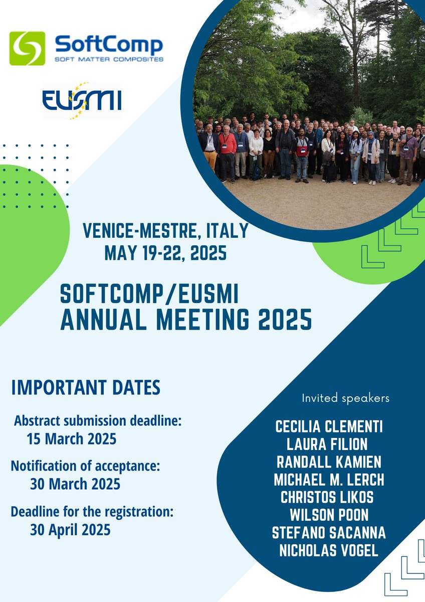 Please, remember, the abstract submission deadline for the Annual Meeting 2025 is just a few days ahead!

🗓️ 15 March 2025

#softcomp #eusmi #softmatter #AM2025 #annualmeeting2025