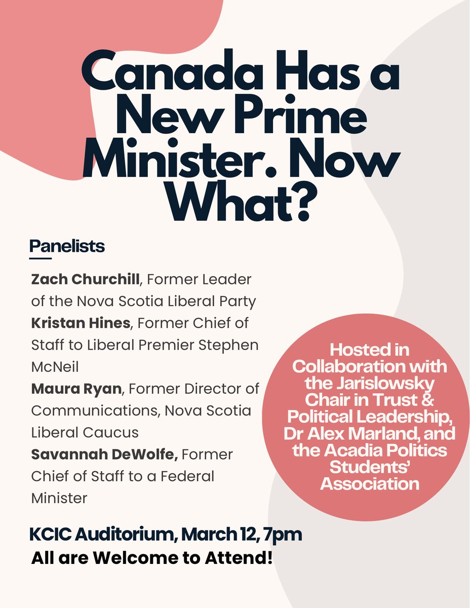 Alex Marland (@alexjmarland) on Twitter photo Happening 7pm this Wednesday <a href="/AcadiaU/">Acadia University</a>! With Liberal insiders <a href="/MauraRyanPardy/">Maura Ryan</a>, Savannah DeWolfe, Kristan Hines & <a href="/zachchurchill/">Zach Churchill</a>. Lots happening in Canadian politics & lots to talk about! Open to the public. #nspoli #cdnpoli <a href="/AcadiaPolitics/">Acadia Politics</a> Happening 7pm this Wednesday <a href="/AcadiaU/">Acadia University</a>! With Liberal insiders <a href="/MauraRyanPardy/">Maura Ryan</a>, Savannah DeWolfe, Kristan Hines & <a href="/zachchurchill/">Zach Churchill</a>. Lots happening in Canadian politics & lots to talk about! Open to the public. #nspoli #cdnpoli <a href="/AcadiaPolitics/">Acadia Politics</a>