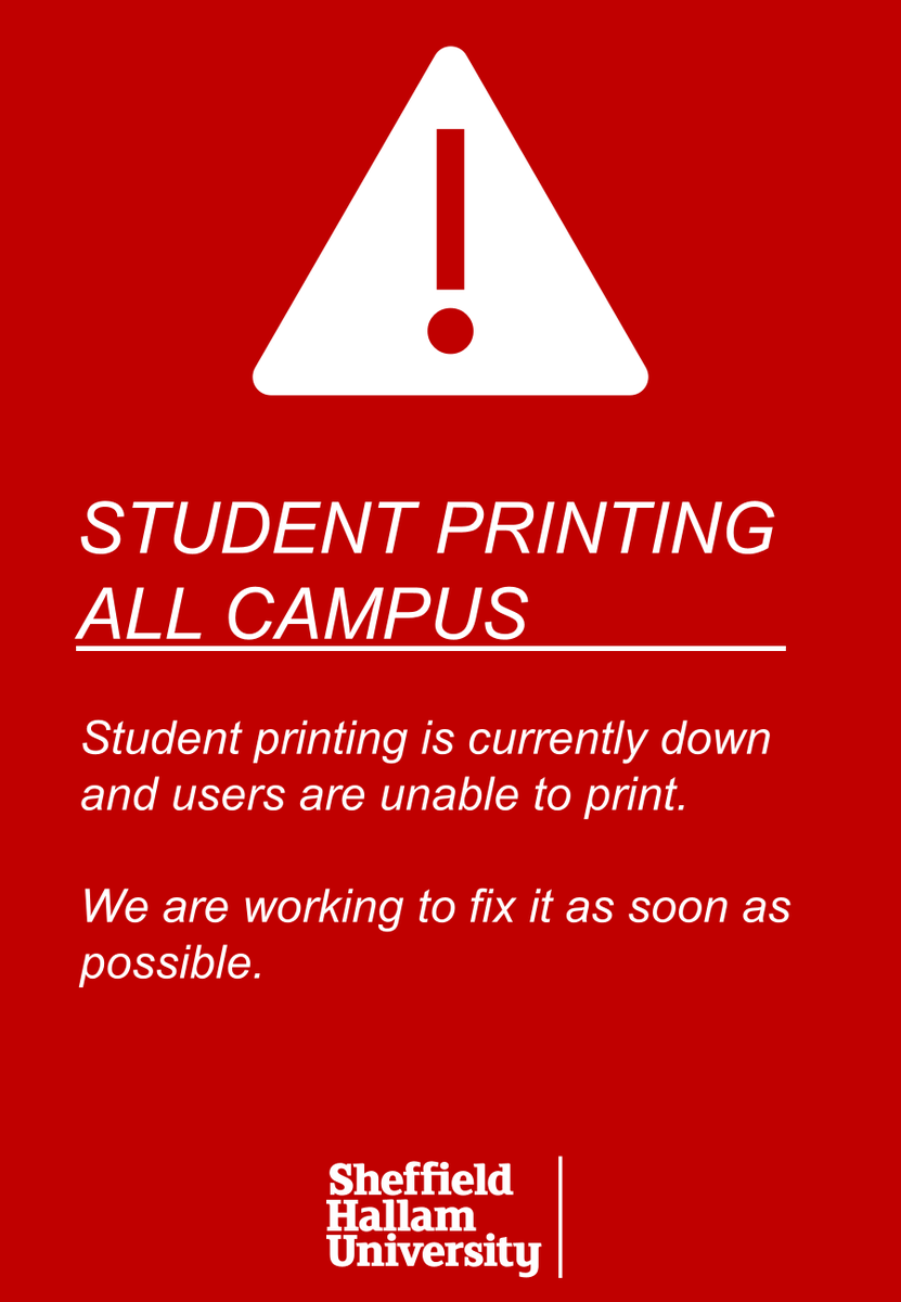 Sheffield Hallam University Library 🏳️🌈 (@hallamlibrary) on Twitter photo ⚠️Student printing is currently unavailable across both campus⚠️
We will post updates here or on our status page > sheffieldhallam.libanswers.com/systems/7180?p…
<a href="/ITHelpSHU/">IT Help</a> <a href="/HallamHelp/">Hallam Help</a> <a href="/sheffhallamuni/">Sheffield Hallam University</a> ⚠️Student printing is currently unavailable across both campus⚠️
We will post updates here or on our status page > sheffieldhallam.libanswers.com/systems/7180?p…
<a href="/ITHelpSHU/">IT Help</a> <a href="/HallamHelp/">Hallam Help</a> <a href="/sheffhallamuni/">Sheffield Hallam University</a>