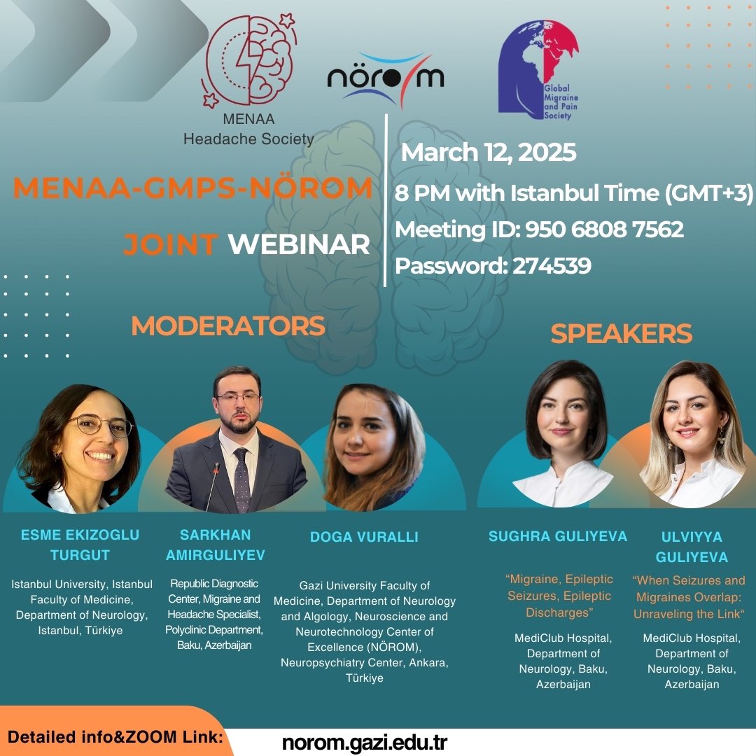 🔵MENAA-GMPS-NÖROM JOINT WEBINAR

🗣️Sughra GULIYEVA
🗣️Ulvıyya GULIYEVA

📅March 12, 2025
⏰8 PM with Istanbul Time (GMT 3)

💻Toplantıya Zoom üzerinden katılabilirsiniz.
💻You can join the meeting via Zoom Platform.

➡️Meeting ID: 950 6808 7562
➡️Password: 274539

<a href="/noromofficial/">NÖROM</a>