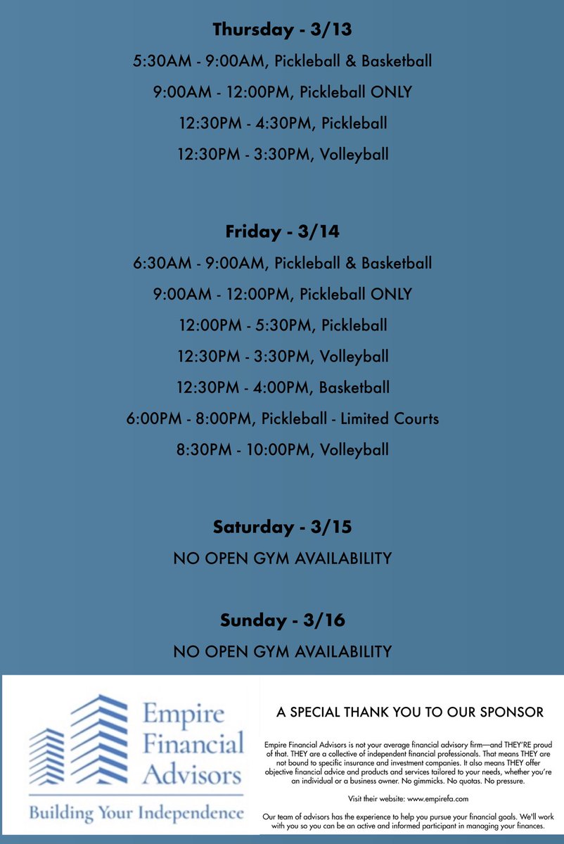 Good morning! ☀️

Here’s this week’s Open Gym Availability (10/3-10/16)!

A huge thank you to our sponsor, Empire Financial Advisor, for making this possible!

#ImpactAthleticCenter #schedule #opengym #halfmoon #newweek #athlete