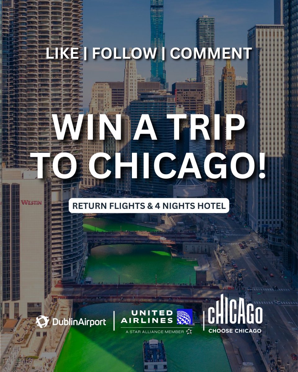 Dublin Airport (@dublinairport) on Twitter photo ☘️ WIN a trip to CHICAGO with United Airlines and Dublin Airport! 🇺🇸
Prize:
✈️ 2 return flights from Dublin to Chicago
🏨 4 nights hotel stay thanks to <a href="/ChooseChicago/">Choose Chicago</a>
To enter:
✅ Like
✅ Follow <a href="/united/">United Airlines</a> & <a href="/DublinAirport/">Dublin Airport</a>
✅ Tag a friend ☘️ WIN a trip to CHICAGO with United Airlines and Dublin Airport! 🇺🇸
Prize:
✈️ 2 return flights from Dublin to Chicago
🏨 4 nights hotel stay thanks to <a href="/ChooseChicago/">Choose Chicago</a>
To enter:
✅ Like
✅ Follow <a href="/united/">United Airlines</a> & <a href="/DublinAirport/">Dublin Airport</a>
✅ Tag a friend