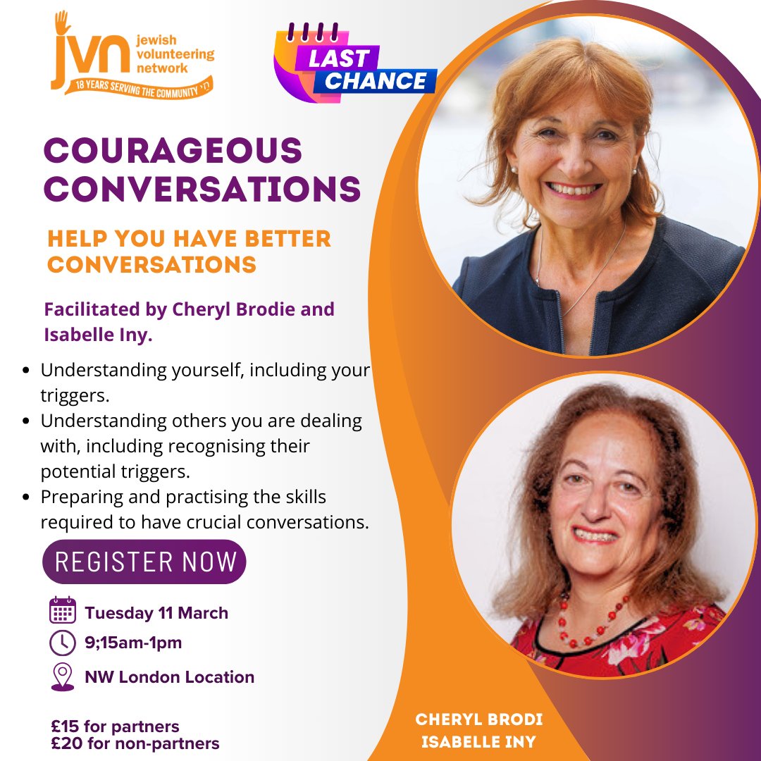 JVN_org_uk's tweet photo. LAST-MINUTE AVAILABILITY 
VMs! Join us tomorrow (11/03) for: Courageous Conversations with Cheryl Brodie &amp; Isabelle Iny.
Date: Tuesday 11th March
Time: 9:30 AM – 12:30 PM
Location: In Person – Hendon NW4
Price: £15 for members, £20 for non-members
https://t.co/LUXl5oVFui https://t.co/1JvN0QzBV1