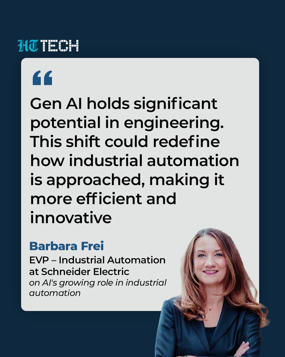 Hindustan Times Tech (@httech) on Twitter photo Barbara Frei, EVP – Industrial Automation at <a href="/SchneiderElec/">Schneider Electric</a>, in a freewheeling conversation with HT Tech's <a href="/SarkDeb/">Debashis Sarkar</a>, shares crucial insights on AI's increasing integration into industrial automation. 🕹️⚡️
Read more🔗: tinyurl.com/d7bze7nv
#AI #GenAI #AIML #MachineLearning Barbara Frei, EVP – Industrial Automation at <a href="/SchneiderElec/">Schneider Electric</a>, in a freewheeling conversation with HT Tech's <a href="/SarkDeb/">Debashis Sarkar</a>, shares crucial insights on AI's increasing integration into industrial automation. 🕹️⚡️
Read more🔗: tinyurl.com/d7bze7nv
#AI #GenAI #AIML #MachineLearning