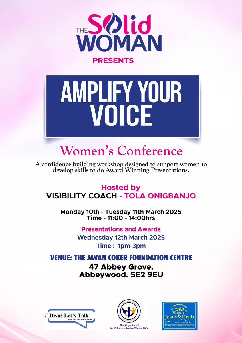 Join us for #AmplifyYourVoice—a transformative women’s conference by @TheSolidWoman! Build confidence, master award-winning presentations, and connect with inspiring women. Hosted by Visibility Coach Tola Onigbanjo, March 10–11 (11am–2pm) &amp; March 12 (1–3pm) at The Javan Coker