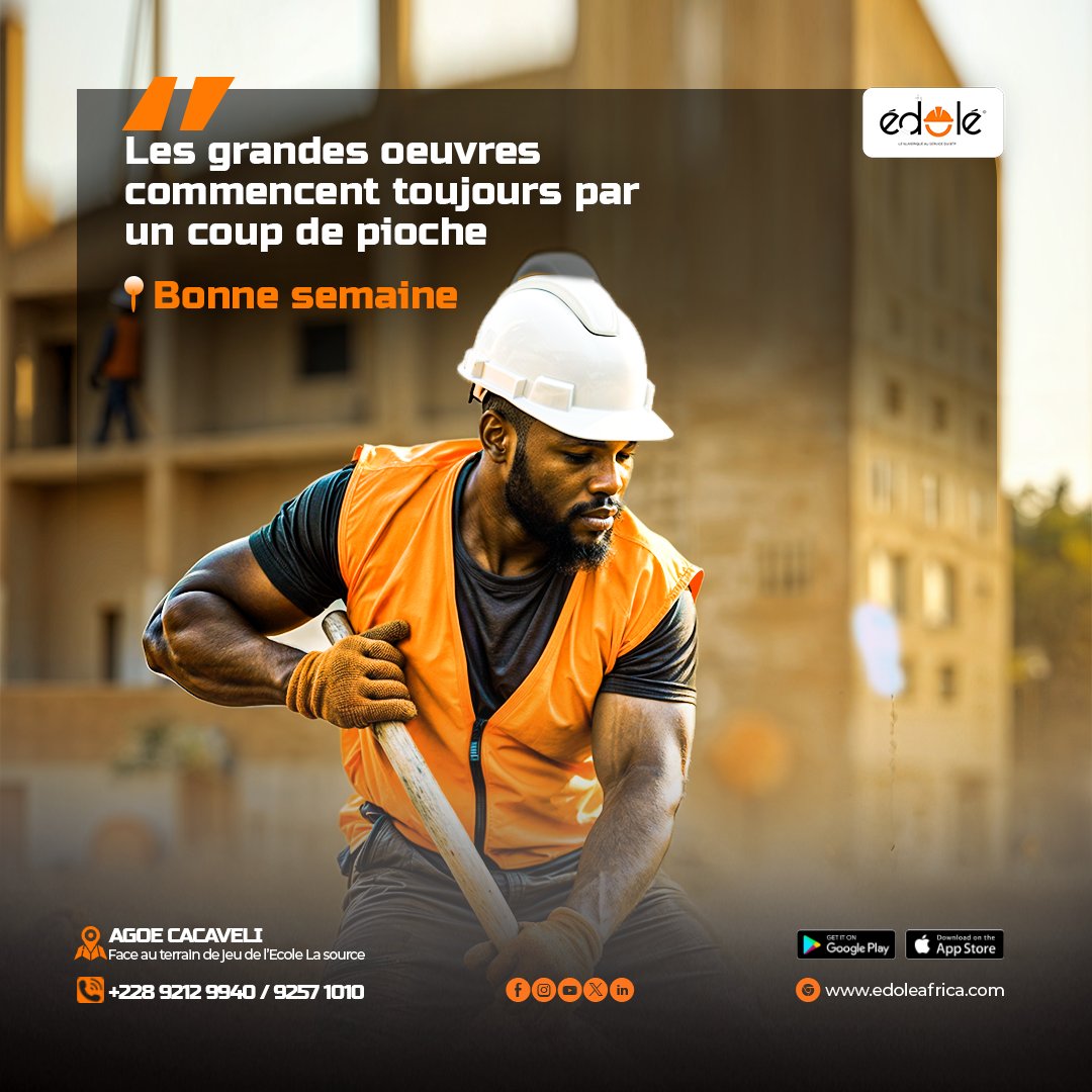 Chaque effort compte et chaque coup de pioche nous rapproche un peu plus de notre objectif.

 Excellente semaine de travail à tous .

EDOLE AFRICA le numérique au service du BTP 

#EdoleAfrica #BTP #Application #engindechantier #Nouvellesemaine