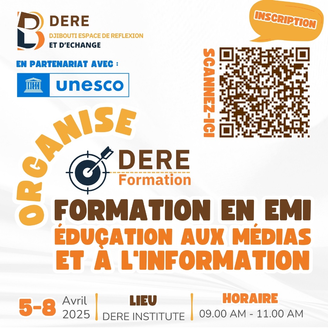 DERE INSTITUTE ORGANISE UNE FORMATION EN ÉDUCATION AUX MÉDIAS ET À L'INFORMATION (EMI)
📌 En partenariat avec l’UNESCO
🎙️ Thèmes abordés :
✅ Médias et analyse de l'information
✅ Création de contenus
✅ Production de podcasts
📅 Dates : 05 - 08 avril 2025
⏰ Horaires : 09h-11h