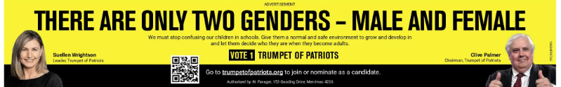 itskerryc's tweet photo. In the Pit of Trump Patriots lies @TrumpetPatriots  to "Make Australia Great Again". 
But where there are only two genders. 
So tell me @CliveFPalmer where did things go wrong during your gestation? https://t.co/KssgmBqme5