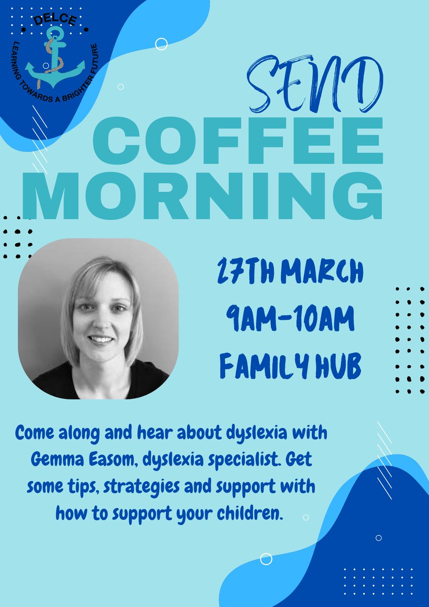 Our next SEND coffee morning is just a few weeks away! We are extremely lucky to be welcoming Gemma Easom, dyslexia specialist to come and discuss dyslexia and how you can support your children. 27th March 9am-10am. Come along and grab a ☕️🍪!