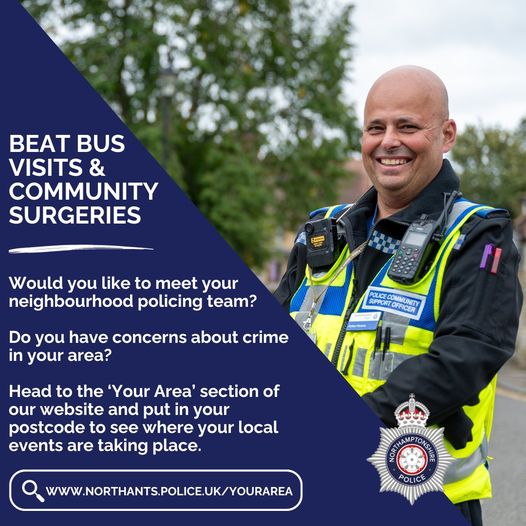 PCSO Thaseen and PCSO Littleton from the local neighbourhood policing team will be holding a community surgery on

Thurs 13th March
1100-1300
Costa, Rushden Lakes 

We will be on hand to listen to any concerns you have in your local community and to offer crime prevention advice