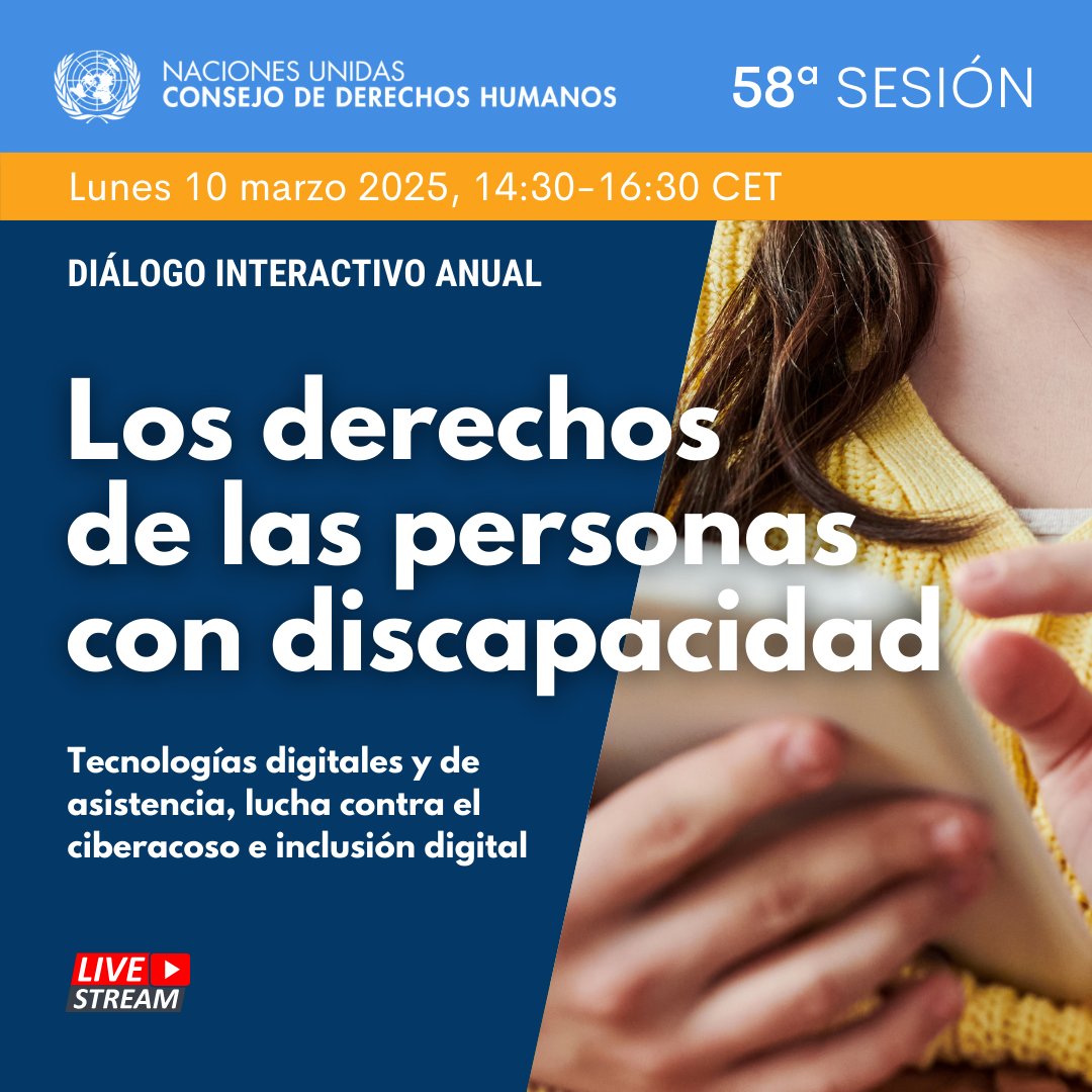 Debate #HRC58

Derechos de las personas con discapacidad: tecnologías digitales y de asistencia, lucha contra el ciberacoso e inclusión digital

🗣️:
<a href="/volker_turk/">Volker Türk</a>, <a href="/UNHumanRights/">UN Human Rights</a>
Sanja Tarczay, <a href="/WFDeafBlind/">The World Federation of the Deafblind (WFDB)</a>
Praveena Sukhraj-Ely, <a href="/DWYPD_ZA/">Dept of Women, Youth & Persons with Disabilities</a>
Nikki Lilly

📺webtv.un.org/en/asset/k17/k…