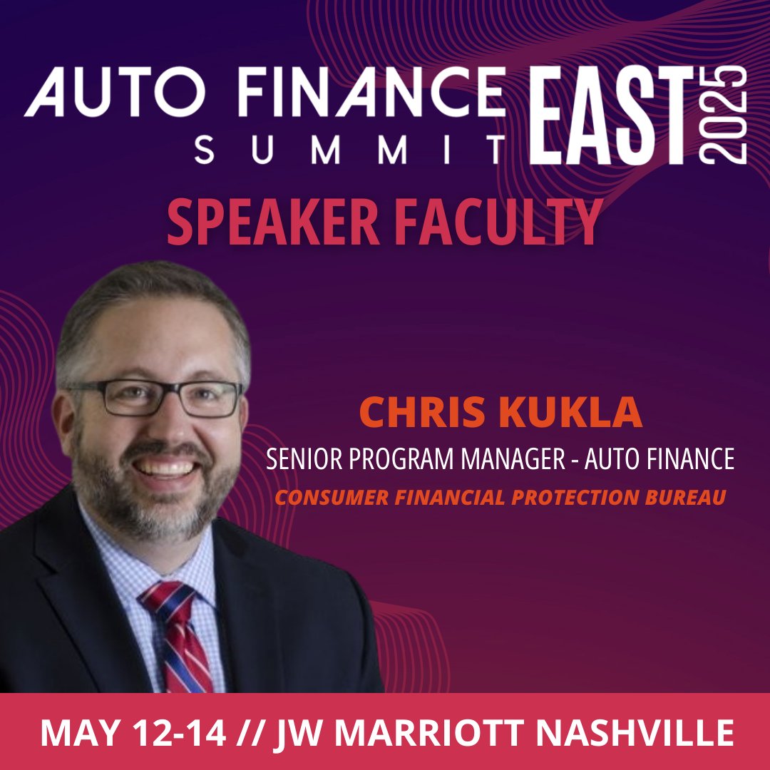 AutoFinanceNews's tweet photo. We are thrilled to have Chris Kukla, Senior Program Manager of Auto Finance at the Consumer Financial Protection Bureau, as the Session 9 fireside speaker during #AFSEAST25. 🚗⚡
🔗 Read more: https://t.co/T393ayAxDT
#AutoFinanceNews #Nashville #AutoIndustry #Finance https://t.co/TLqVLhyMxV