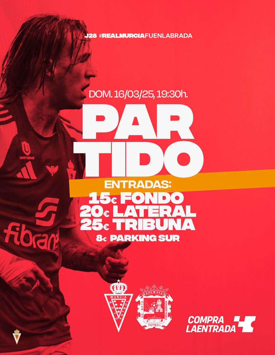realmurciacfsad's tweet photo. 🎟️ Hazte con tu entrada para el #RealMurciaFuenla 

Fondo: 15€ | Lateral: 20€ | Tribuna: 25€ | Infantil: 7€
Parking Sur: 8€

📍 Consigue la tuya en Tienda Oficial Estadio u online con @Compralaentrada  https://t.co/Y2S7nUL7aG https://t.co/Wsa6TaIjL1