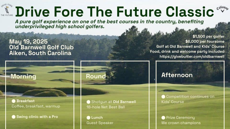 The link to play one of the best golf courses in the U.S. and help our <a href="/driveftf/">Drive Fore the Future</a> is here! 
May 19th Old Barnwell. The entire day at the course, play both the Top-100 (#51) course along with their Kids course. 
Breakfast, lunch, drinks included. 100% tax deductible. 
Link ⬇️