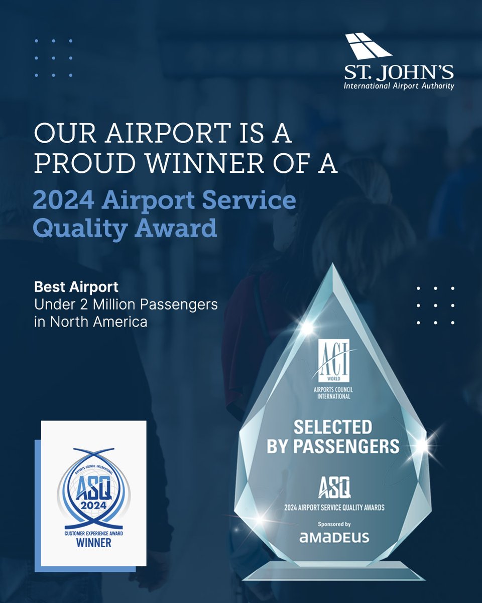 BIG news out of YYT! 🏆

We are proud to announce we've earned the prestigious 2024 <a href="/ACI_ASQ/">ACI ASQ</a> award for Best Airport Under 2 Million Passengers in North America! Recognized as the aviation industry’s most comprehensive and trusted global measurement program for airport experience,