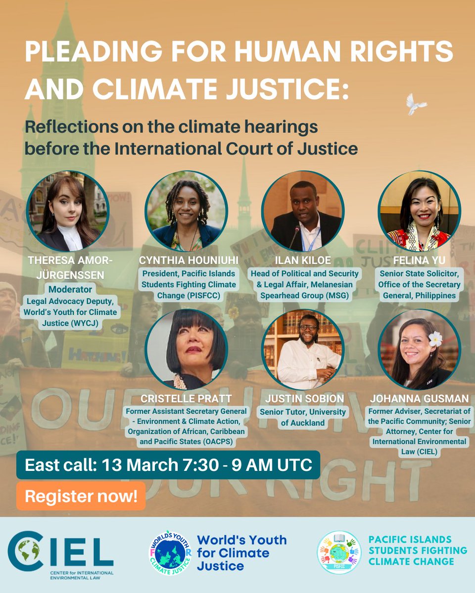 ⭐A stellar line-up of panelists for the upcoming CIEL, <a href="/WY4CJ/">World's Youth for Climate Justice</a>  &amp; <a href="/pisfcc/">Pacific Islands Students Fighting Climate Change</a> webinars on the historic climate hearings before the International Court of Justice!

Don't miss them!

📅 12 March 3pm UTC: us02web.zoom.us/webinar/regist…
📅  13 March 7:30am UTC: us02web.zoom.us/webinar/regist…