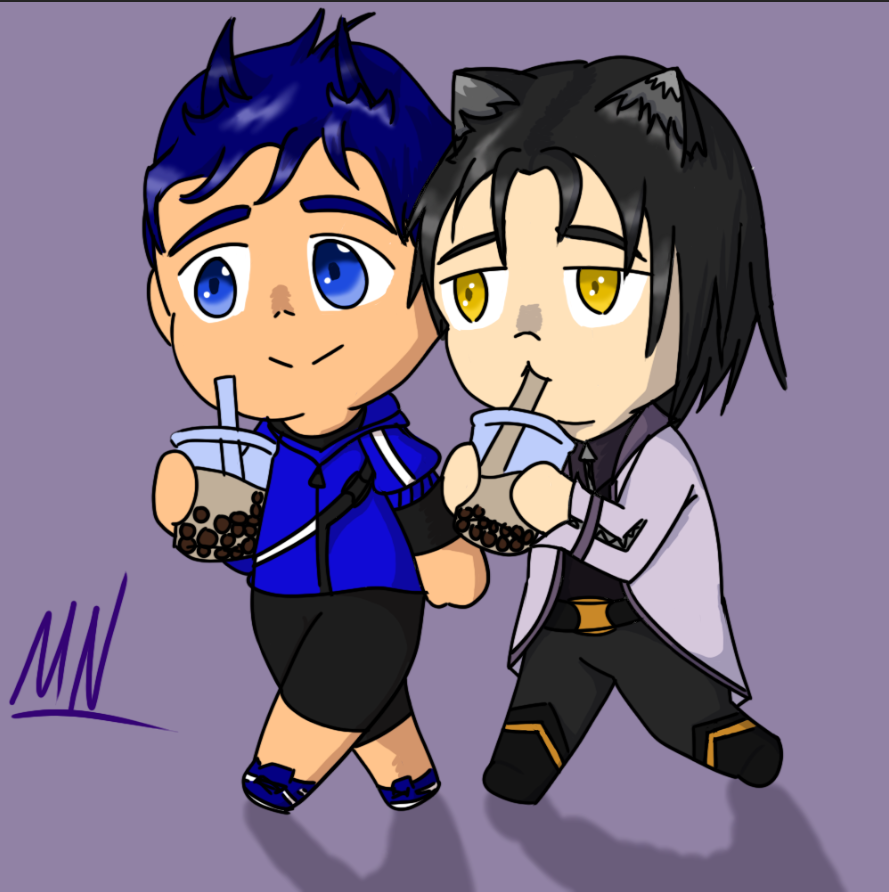 Some self indulgent chibis, Part 1 out of 4.

In today's post, the "Blue Morpho" pairing, <a href="/KamenLagann/">KamenNoodles🦋 (Comms open!)</a> 's Rein Seiryū and Blake Belladonna,out on a stroll with some boba.

#RWBY #OC #RELC #Ocxcanon