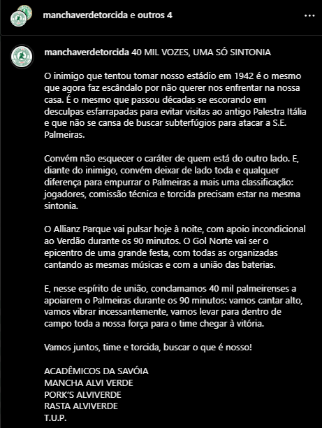 mmurilodias's tweet image. UNIÃO MAIS DO QUE IMPORTANTE!

A Mancha Alviverde acaba de postar que todas as organizadas do Palmeiras vão CANTAR E TOCAR as mesmas músicas hoje no Allianz Parque.

Medida mais do que importante para mudar o clima que se instaurava dentro do estádio do Palmeiras. Já era hora…